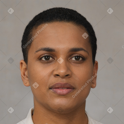 Joyful black young-adult female with short  brown hair and brown eyes