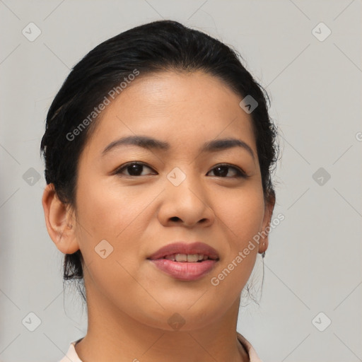 Joyful asian young-adult female with medium  brown hair and brown eyes