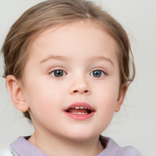 Joyful white child female with medium  brown hair and blue eyes