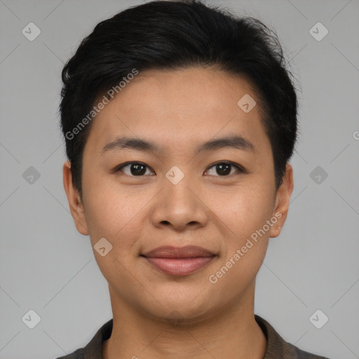 Joyful asian young-adult male with short  black hair and brown eyes