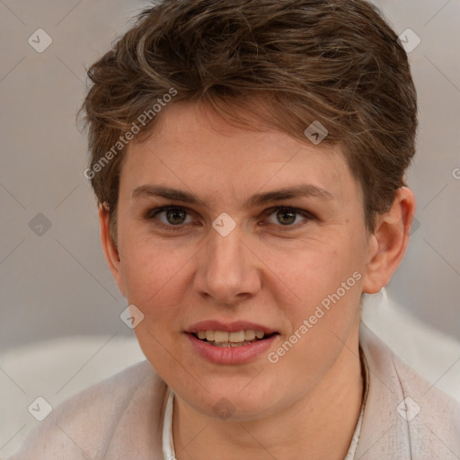 Joyful white young-adult female with short  brown hair and brown eyes