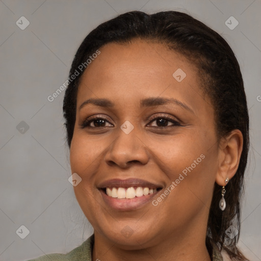 Joyful black young-adult female with medium  brown hair and brown eyes