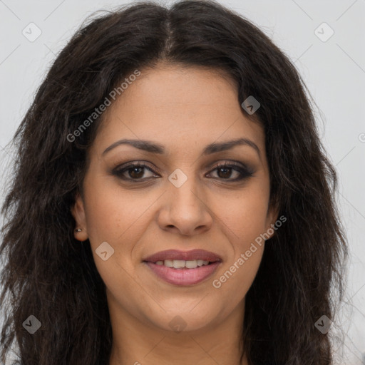 Joyful latino young-adult female with long  brown hair and brown eyes