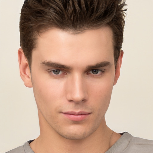 Neutral white young-adult male with short  brown hair and brown eyes