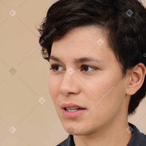 Neutral white young-adult female with medium  brown hair and brown eyes