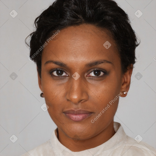 Neutral black young-adult female with short  black hair and brown eyes