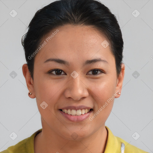 Joyful asian young-adult female with short  brown hair and brown eyes