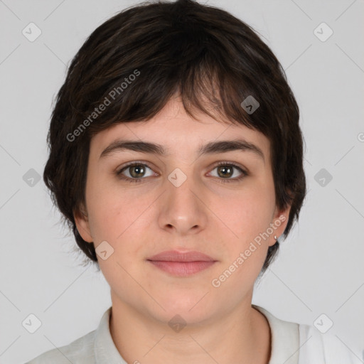 Neutral white young-adult female with medium  brown hair and brown eyes