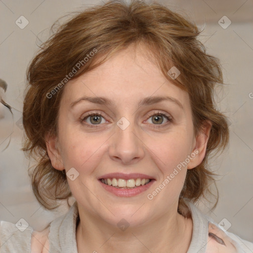 Joyful white young-adult female with medium  brown hair and blue eyes