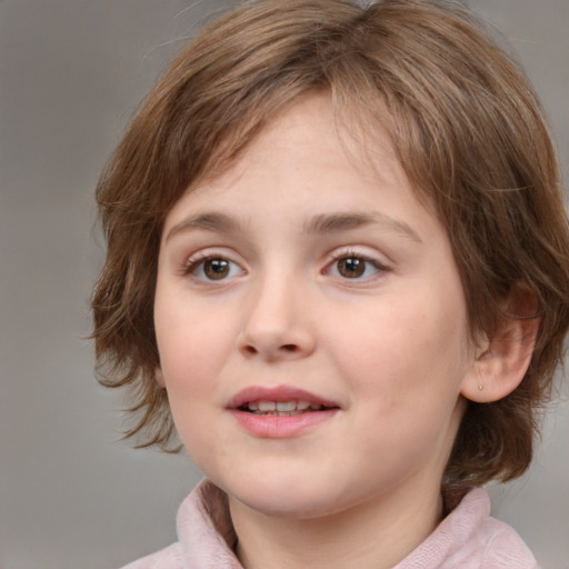 Joyful white child female with medium  brown hair and brown eyes