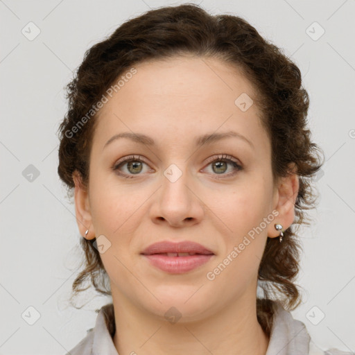 Joyful white young-adult female with medium  brown hair and green eyes