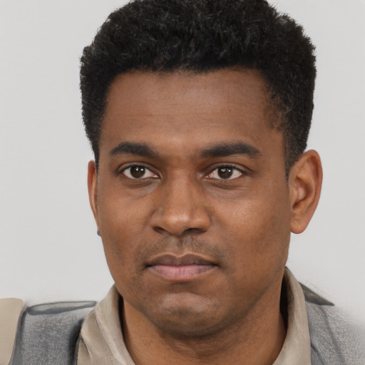 Neutral black young-adult male with short  black hair and brown eyes