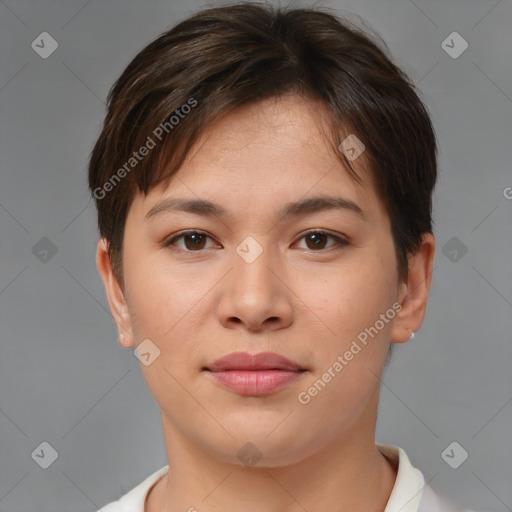 Joyful asian young-adult female with short  brown hair and brown eyes