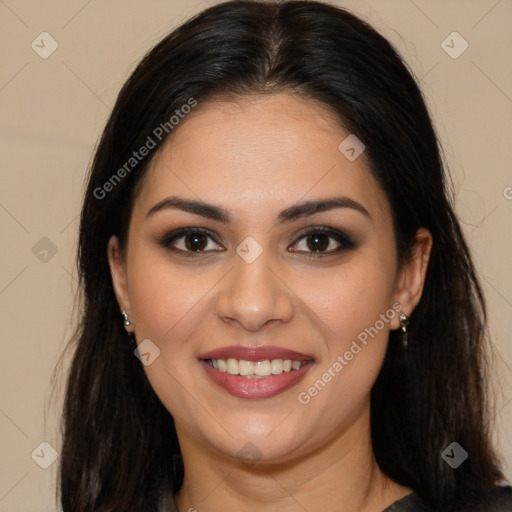 Joyful white young-adult female with long  brown hair and brown eyes