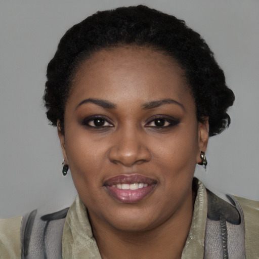 Joyful black young-adult female with short  black hair and brown eyes