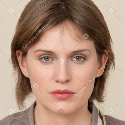 Neutral white young-adult female with medium  brown hair and grey eyes