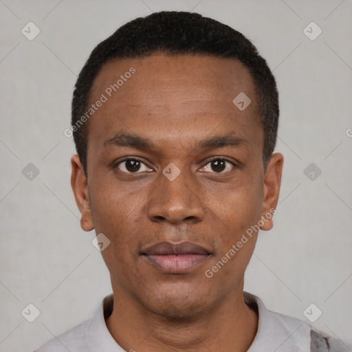 Neutral black young-adult male with short  black hair and brown eyes