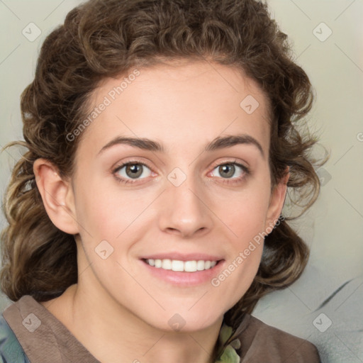 Joyful white young-adult female with medium  brown hair and green eyes