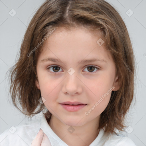 Joyful white child female with medium  brown hair and brown eyes