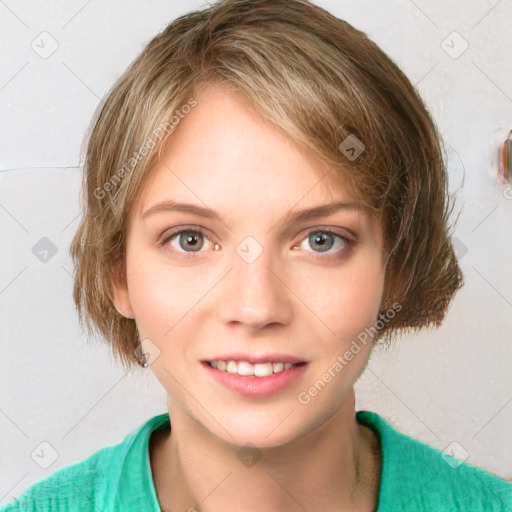 Joyful white young-adult female with medium  brown hair and green eyes