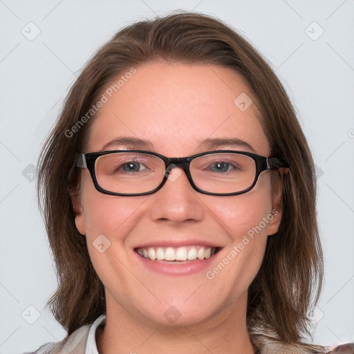 Joyful white young-adult female with medium  brown hair and blue eyes