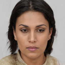 Neutral asian young-adult female with medium  brown hair and brown eyes