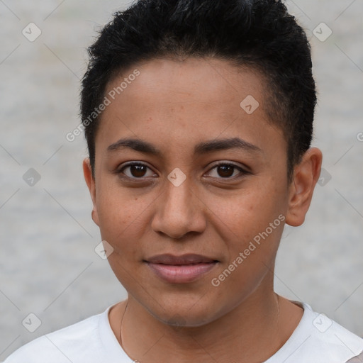 Joyful latino young-adult female with short  brown hair and brown eyes