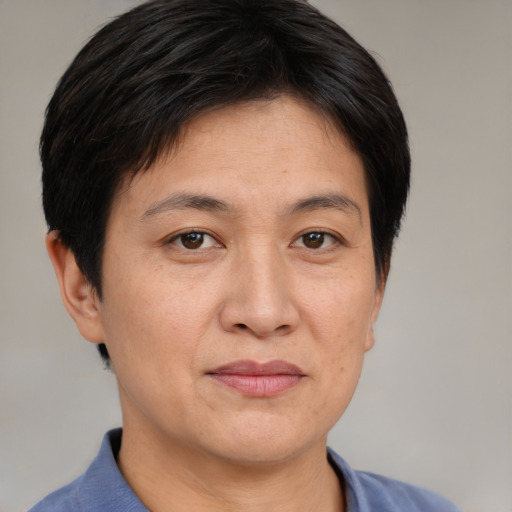 Joyful white adult female with short  brown hair and brown eyes