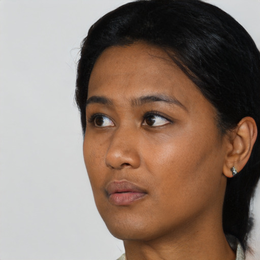 Neutral asian young-adult female with short  black hair and brown eyes