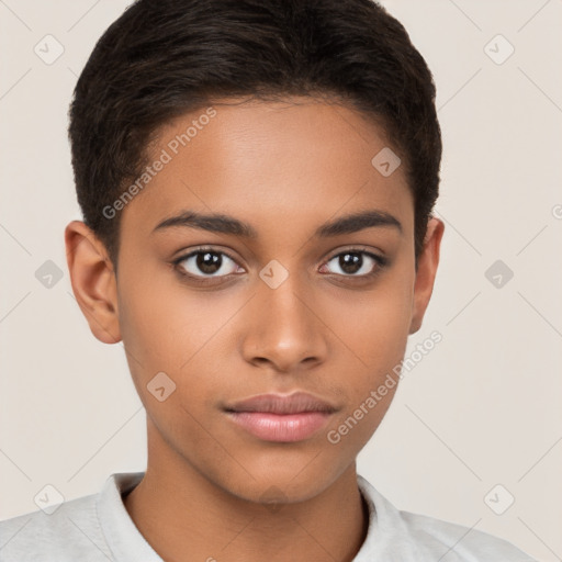 Neutral latino young-adult female with short  brown hair and brown eyes