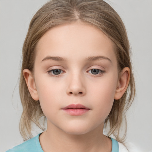 Neutral white child female with medium  brown hair and grey eyes