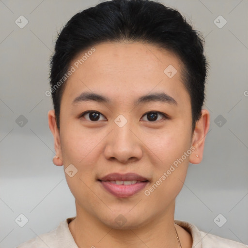 Joyful asian young-adult male with short  black hair and brown eyes