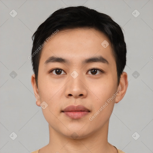 Neutral asian young-adult male with short  black hair and brown eyes