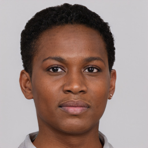 Neutral black young-adult female with short  brown hair and brown eyes