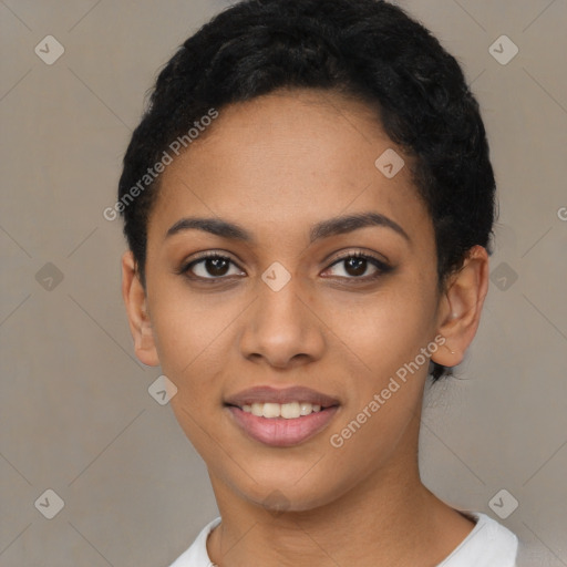 Joyful latino young-adult female with short  black hair and brown eyes