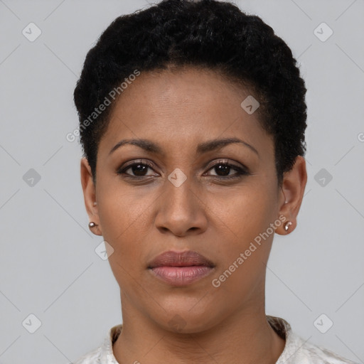 Neutral black young-adult female with short  black hair and brown eyes