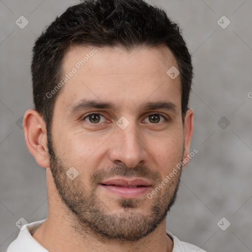 Joyful white young-adult male with short  brown hair and brown eyes