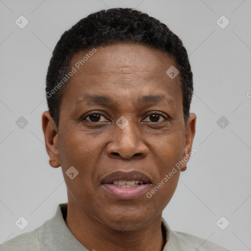 Joyful black adult female with short  brown hair and brown eyes