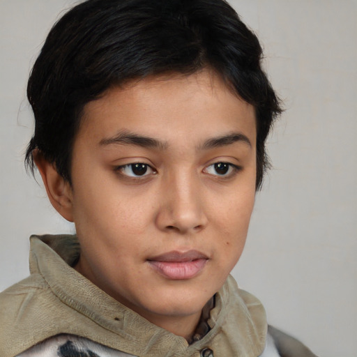 Neutral asian young-adult female with short  brown hair and brown eyes