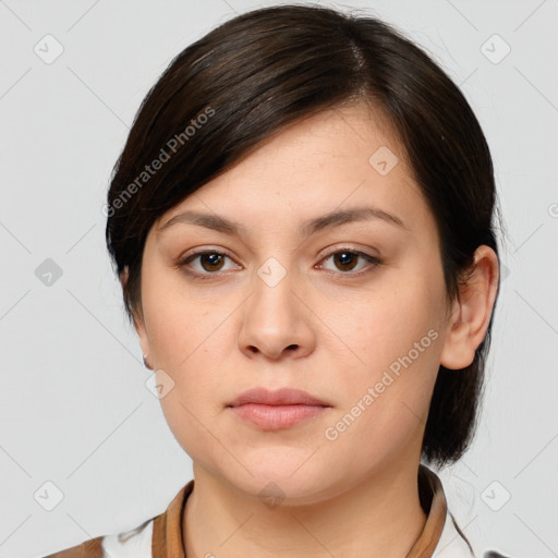 Neutral white young-adult female with medium  brown hair and brown eyes