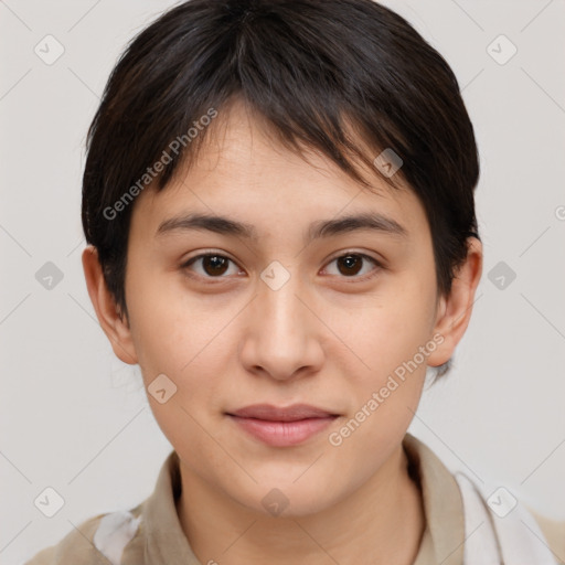 Joyful white young-adult female with medium  brown hair and brown eyes