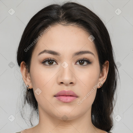 Neutral asian young-adult female with medium  brown hair and brown eyes