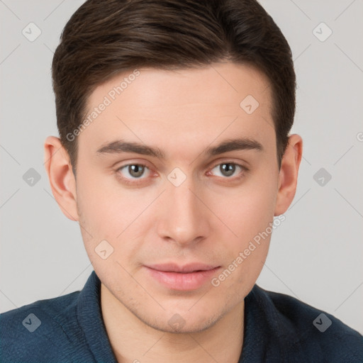 Neutral white young-adult male with short  brown hair and grey eyes