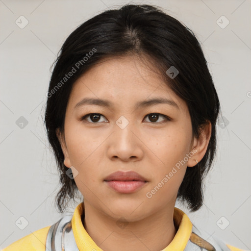 Neutral asian young-adult female with medium  brown hair and brown eyes