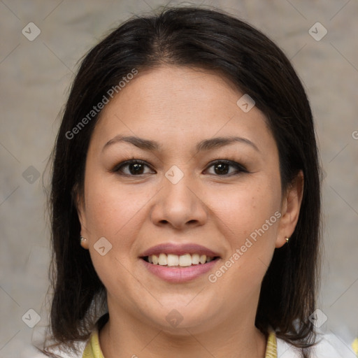 Joyful white young-adult female with medium  brown hair and brown eyes