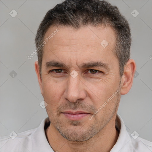 Neutral white adult male with short  brown hair and brown eyes