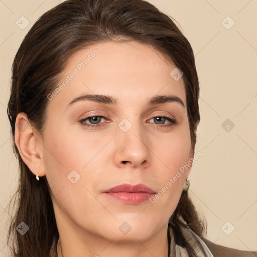 Neutral white young-adult female with long  brown hair and brown eyes