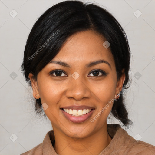 Joyful latino young-adult female with medium  black hair and brown eyes