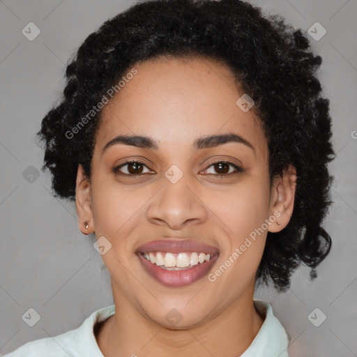 Joyful latino young-adult female with medium  black hair and brown eyes