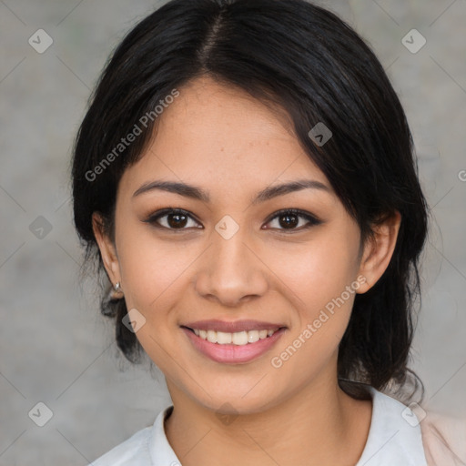 Joyful latino young-adult female with medium  brown hair and brown eyes